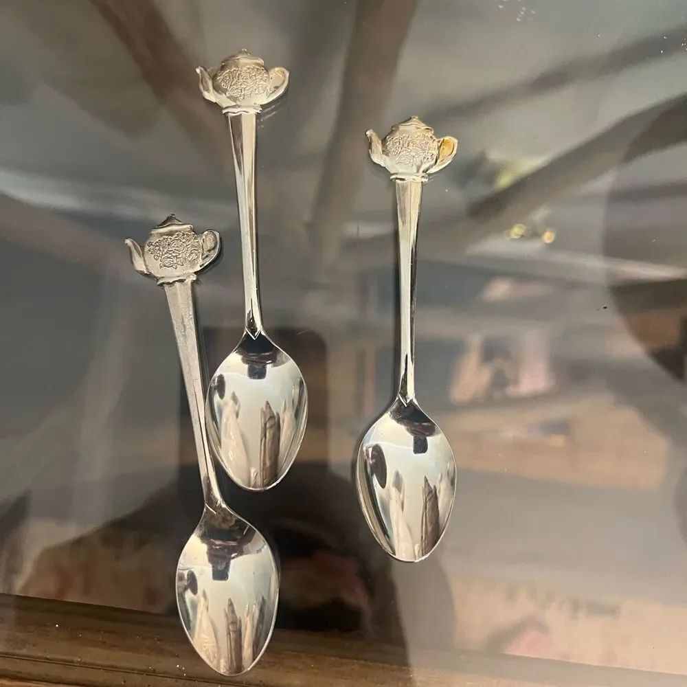 Elegant Silver Teapot Stainless Kettle pot Spoons Set made in Japan.